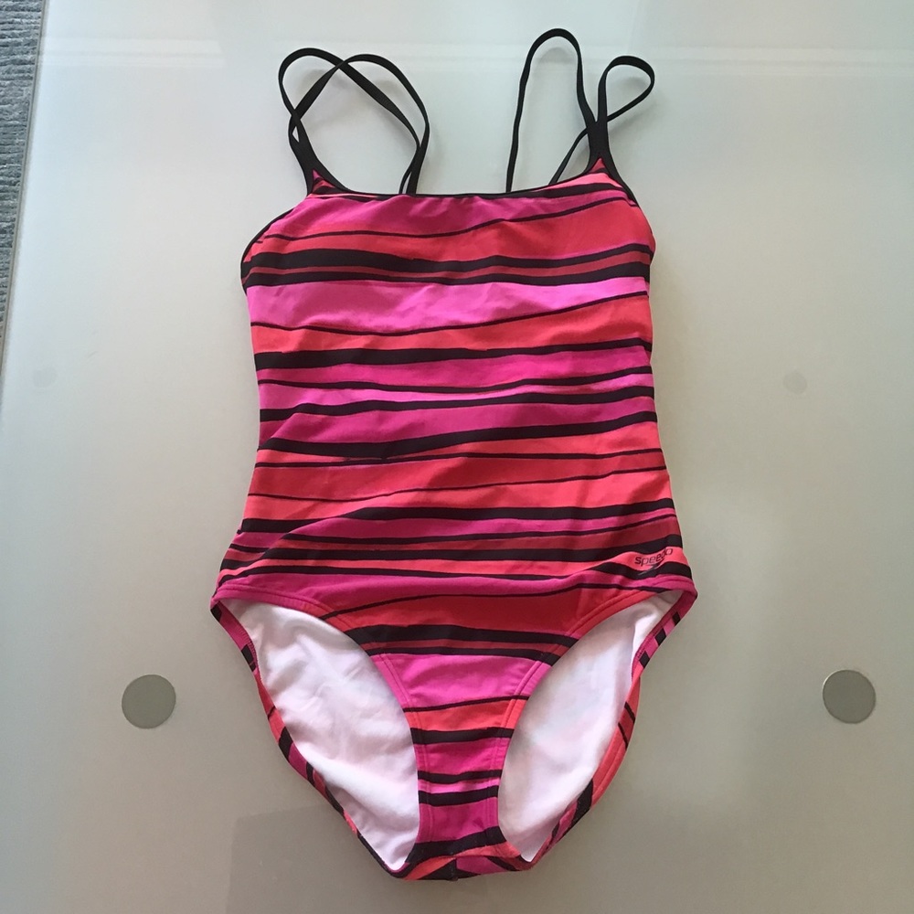 Speedo One Piece Pink Red Black Striped Strappy Racerback‎ Swimsuit Swim Suit 10